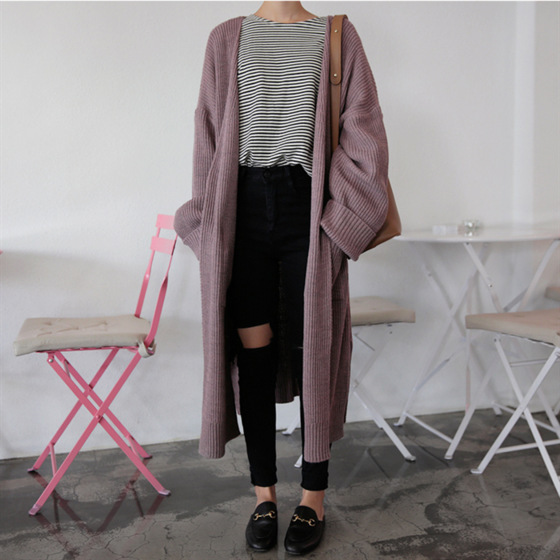 

Cardigan Retro Korean-Style Mid-length Rolled Solid Color Lazy Loose Knit Long-Sleeve Sweater Jacket Women Cotton Acrylic, Black