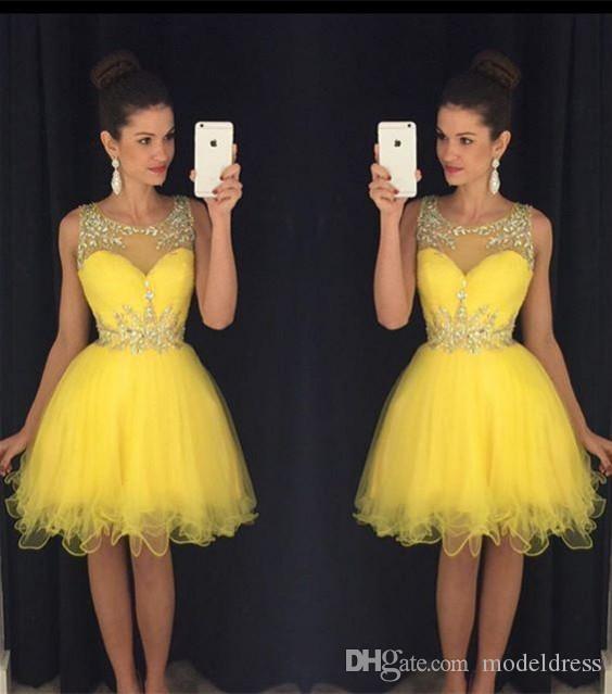 

2019 New Yellow Short Homecoming Dresses Sheer Neck Crystals Beads Modest Green Cheap Knee Length Prom Cocktail Party Gowns Real Images, Ivory