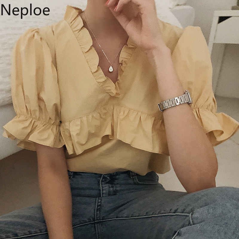 

Neploe Ruffles Blouse Women Spring 2020 Korean Chic V Neck Puff Sleeve Ladies Blusa Shirts Fashion Casual Female Tops 1B016, Ginger