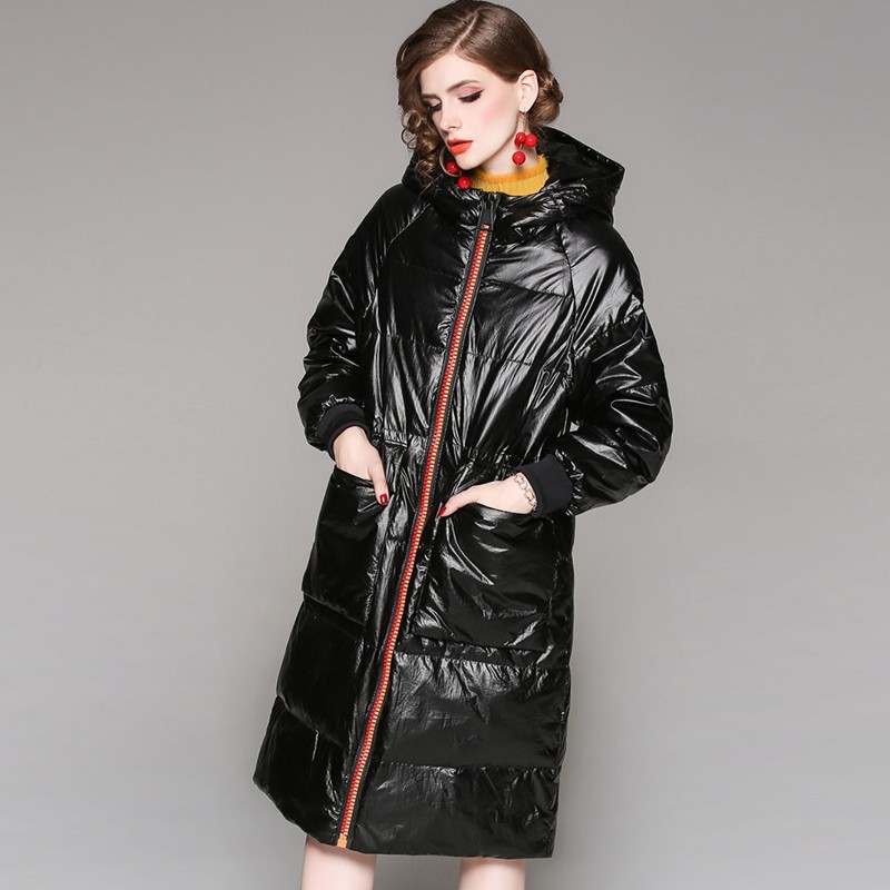 

Glossy Fashion Long 90% White Duck Jacket 2018 Hooded Winter Jacket Coat Women Plus Size Glossy Feather Overcoat Female Ls224, Black