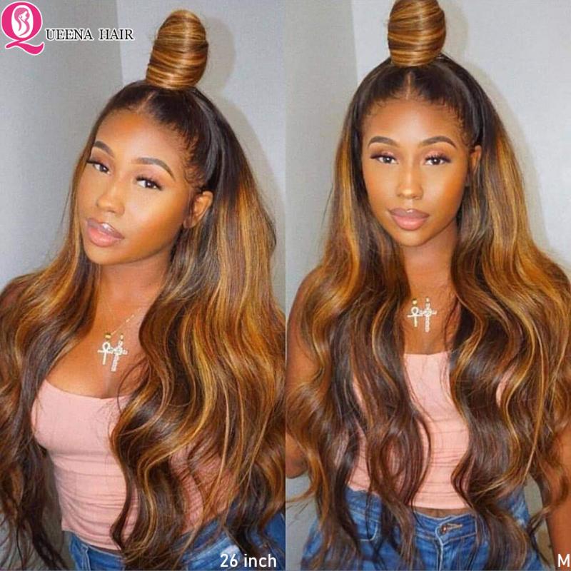 

Honey Blonde Highlight Wig 99j Body Wave Lace Front Human Hair Wigs 150% Ombre Brown Peruvian Pre Plucked 13x4 Lace Wig Remy, As pic