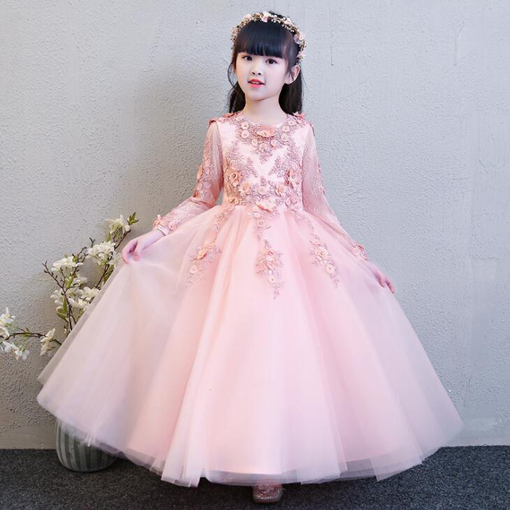 Dance Costume Children's Dress Girls Princess Dress Long Sleeve Christmas Presenter Piano Costume Flower Girl Wedding Dress-image-438035672