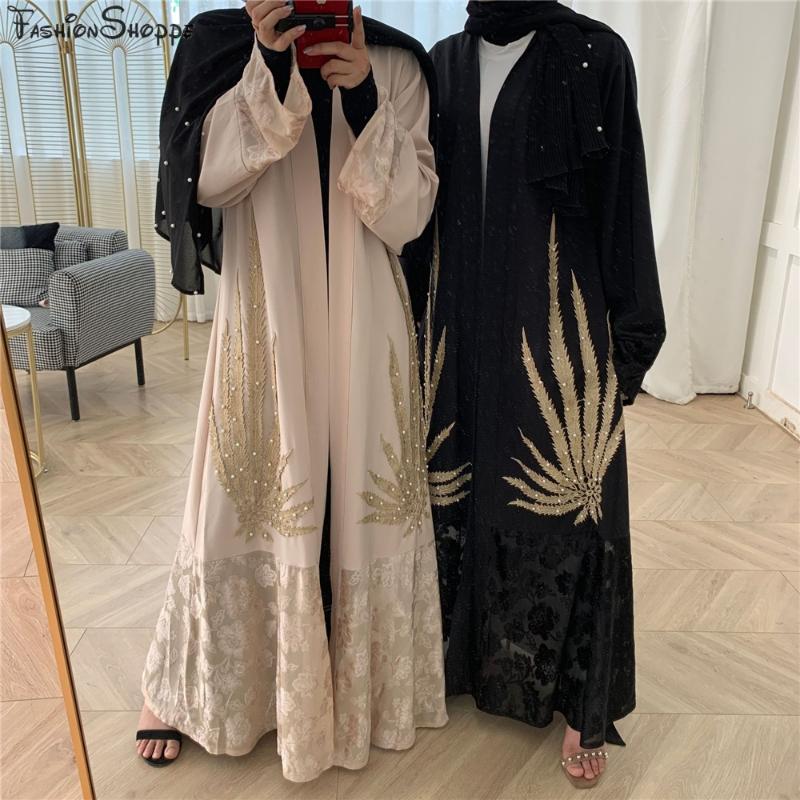 

Mesh Lace Embroidered Patchwork Muslim Abaya Fashion Gold Thread Pearls Kimono Abaya Black Fashion Eid Ramadan Clothing