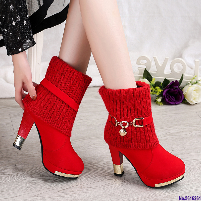 

Women shoes autumn winter sexy high heels knitting booties fashion platform black red boots big size zapatos mujer