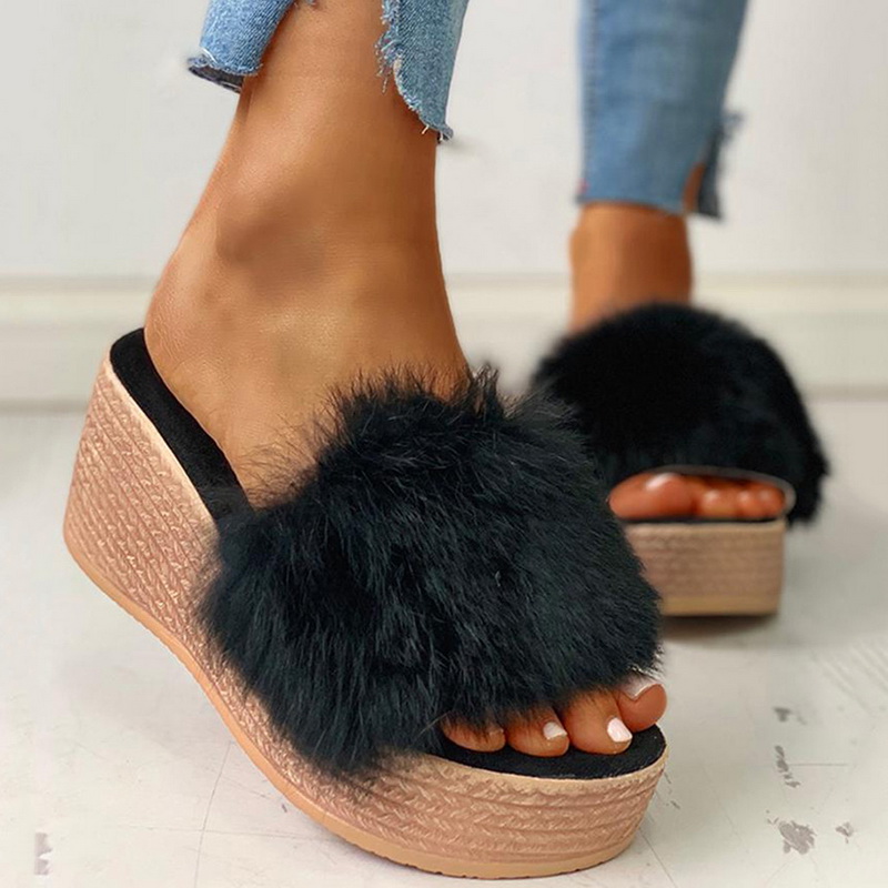 

2020 Fashion Thick Sole Women Slippers Real Fur Furry Flat Sandals Female Fashion Lady Anti Skid Shoes, Black