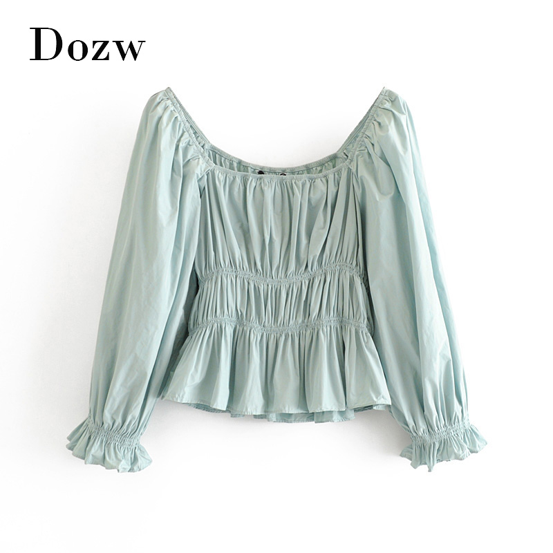 

Women Pleated Blouse Casual Petal Long Sleeve Fashion Tops Solid Retro Stretch Square Collar Vintage Shirt Blusas Femininas, Green