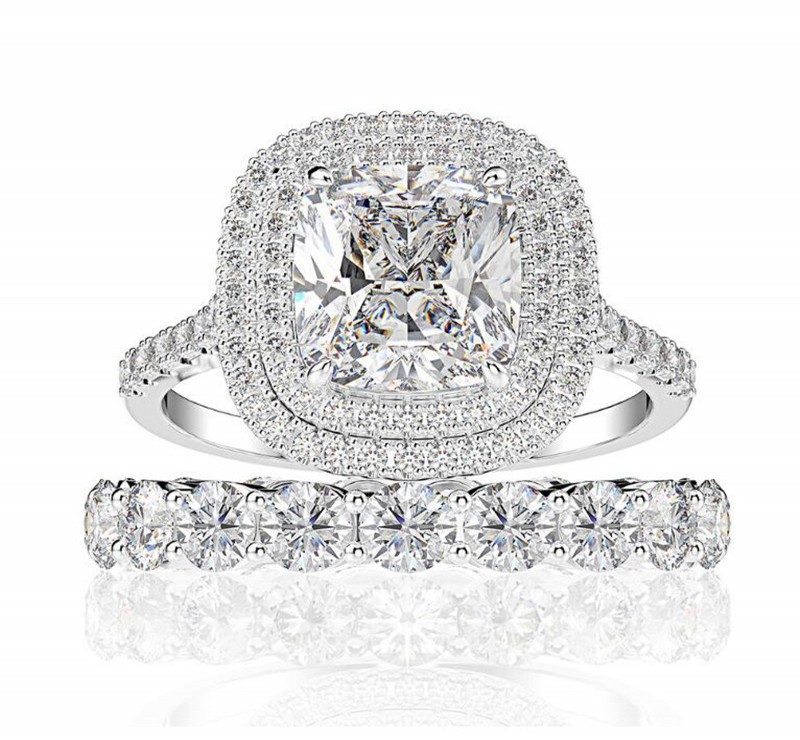 

2PCS Couple Rings Luxury Jewelry 925 Sterling Silver Cushion Shape White Topaz Pave CZ Diamond Gemstones Gemstones Women Wedding Bridal Ring