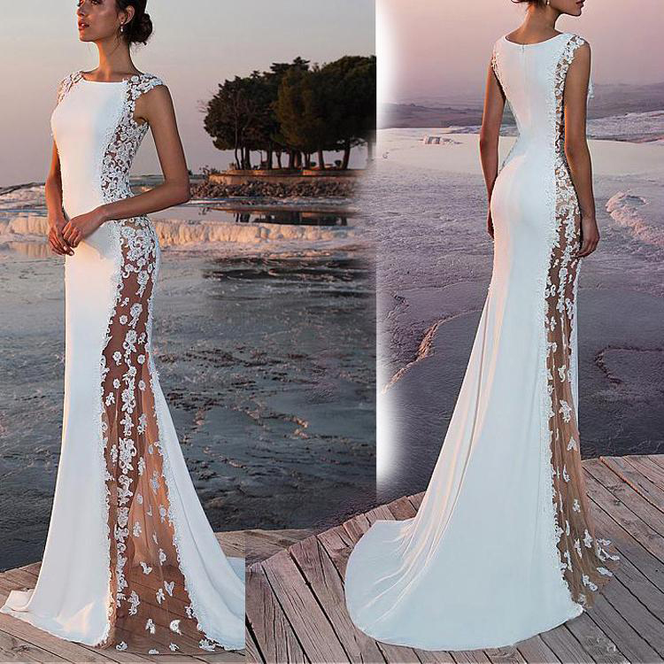 

Summer White Bohemian Beach Mermaid Wedding Dresses 2019 Lace Satin Jewel Lapel Bridal Gowns Sweep Train Length Mermaid Dress4555024
