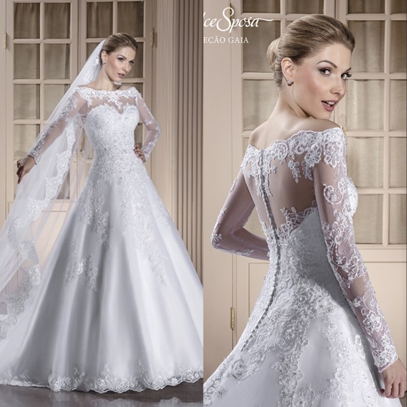 

2019 Elegant White Wedding Dresses Off Shoulder Long Sleeve Lace Appliques Sexy Back Button Bridal Dresses Charming Wedding Gowns, Champagne