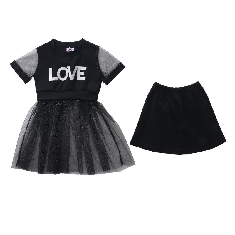 

Toddler Kid Girls Summer Outfits Set Short Sleeve Letter Printed T-shirt Dress Black Mesh Glitter Skirt Clothes Set 2-6Years, As pic