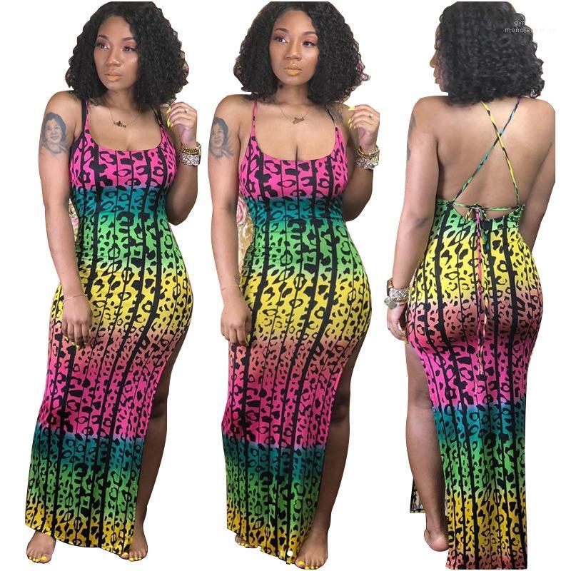 

Leopard Dressing Women Sexy Bodycon Dresses Summer Spaghetti Strap Split Up Long Dress Colorful, As pic