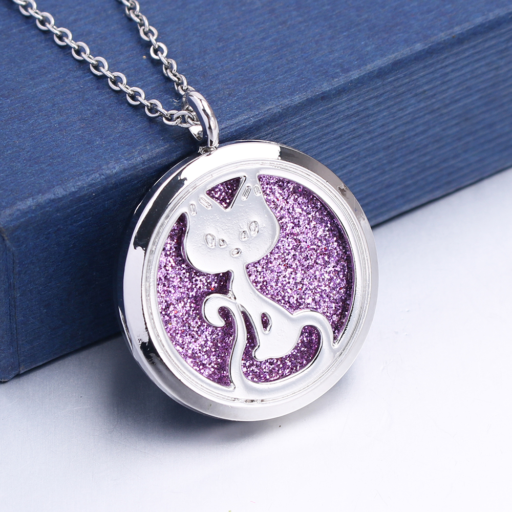 

Open Magnet Smart Cat Stainless Steel Necklace Aroma Perfume Magnetic Pendant Essential Oil Diffuser Locket Necklace, Silver