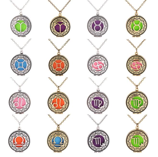 

Hot sale Essential Oil Diffuser Necklace Glow In The Dark 12 constellations Aromatherapy Locket Pendant necklaces For women Fashion Jewelry