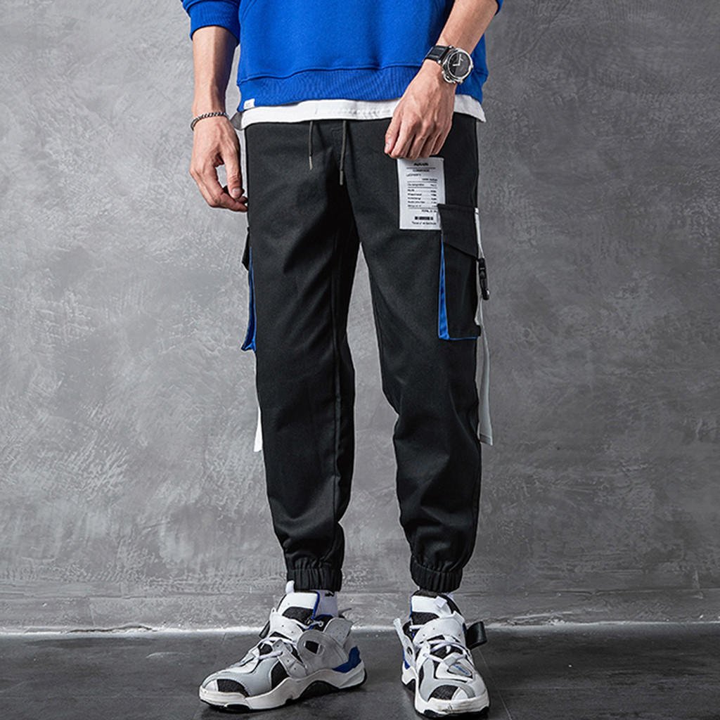 

Vogue Men Hip Hop Streetwear Pants Casual Fashion Loose Patchwork Pockets Outdoors Overalls Sports Long Pants, Black