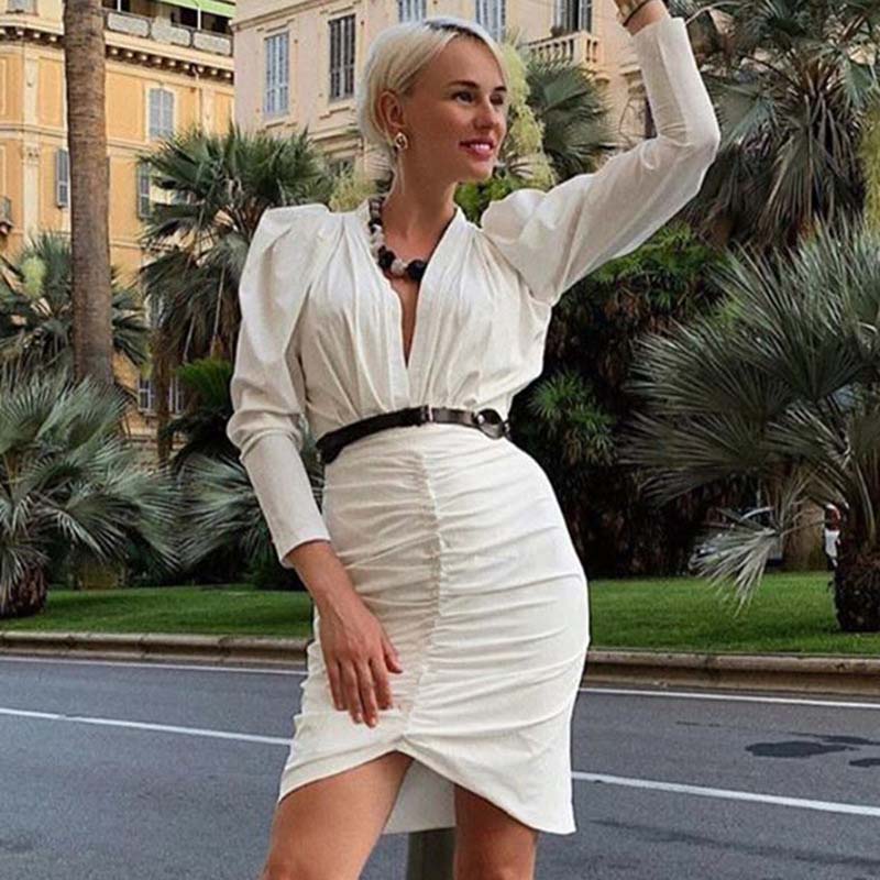 

WHZHM Long Puff Sleeve Dresses Deep V-Neck Mini Pleated Sexy High Waist White Club Women Party Wrap Elegant Red Dress Femme