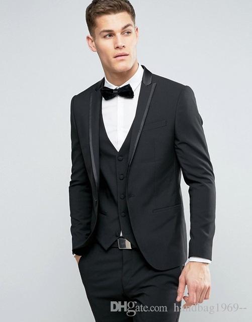 Latest Design One Button Black Groom Tuxedos Peak Lapel Party Prom Dress Clothes Mens Wedding Suits (Jacket+Pants+Vest+Tie) D:264