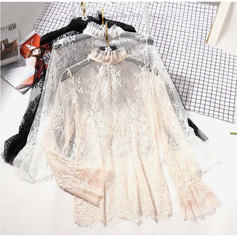 

Women's Lace Patchwork Blouse Fashion Sexy Transparent Top Long Sleeve Ruffle Shirts Female Summer Blusas 4 Colors, Beige