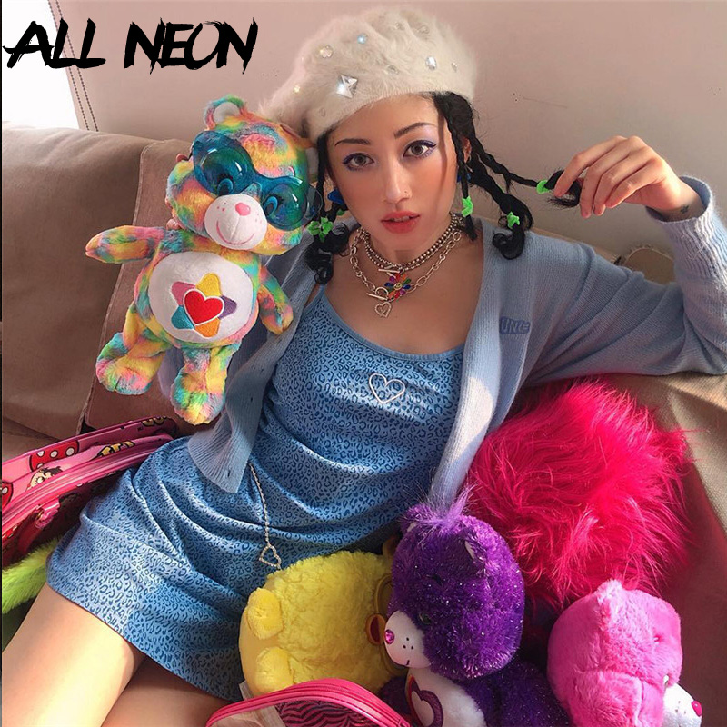 

ALLNeon Leopard Dresses for Women Straped Backless A-line Mini Dresses Fashion Female Chic Animal Prints Bodycon E-girl, Blue
