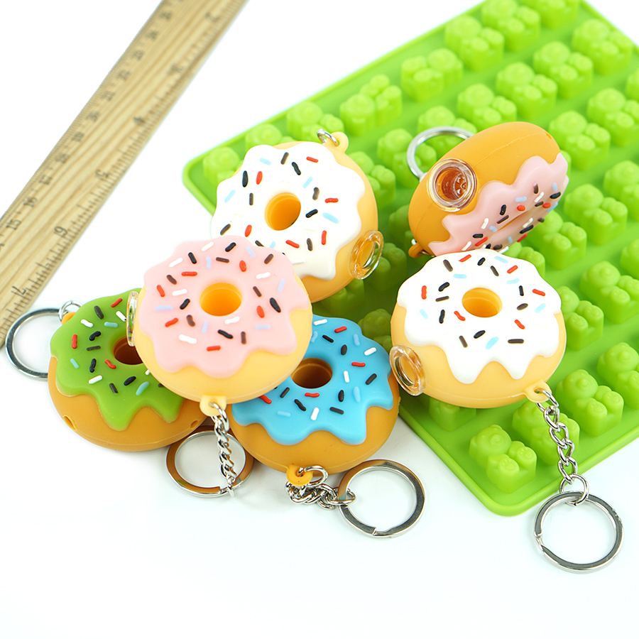 

Donut Style Silicone small Oil Burner Pipes Handcraft Colorful hand Pipe Pyrex Smoking Pipes with keychain and glass bowl free shipping