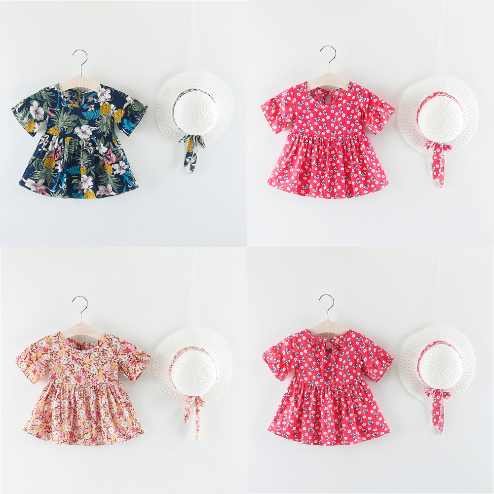 Enfants Bébé Fille Robe Manches Courtes Floral évasé Procession Vêtements + Chapeau