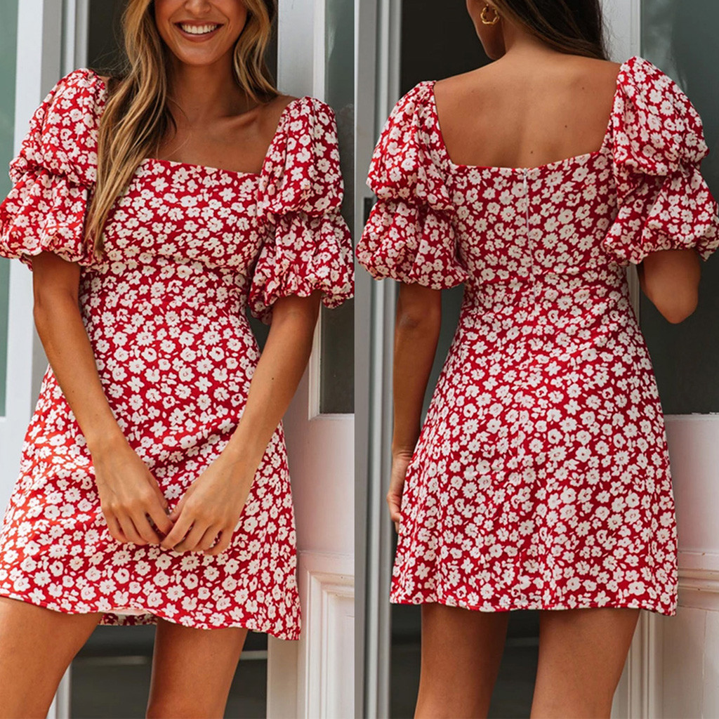

2019 Women Summer Dress Boho Style Floral Print Puff Sleeve Bohemian Dresses Print Summer Dress Short Beach Women Robe#P30, Red