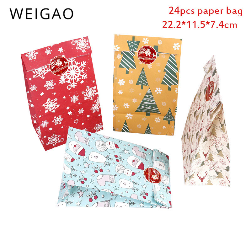 

WEIGAO 24pcs Merry Christmas Kraft Paper Bag Xmas Tree Snowflake Goodies Packing Bags Gift Bag New Year Favors Gift Box Supplies