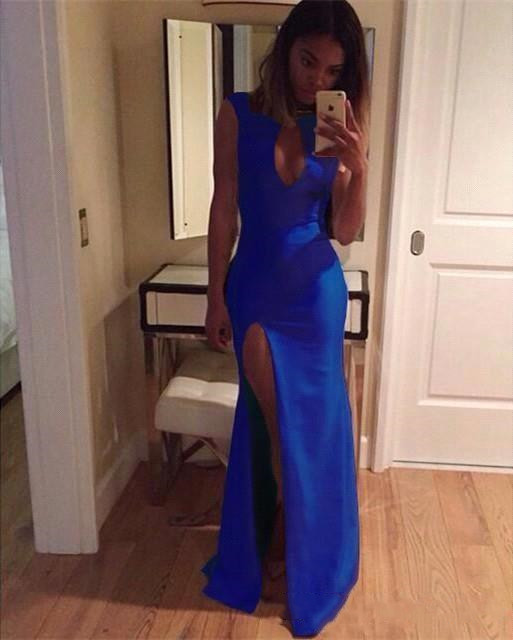 

2019 Satin Sheath Prom Dresses Jewel Side Split Evening Dresses Keyhole Neck Sleeveless Formal Evening Gowns Floor Length Prom Gowns, Purple