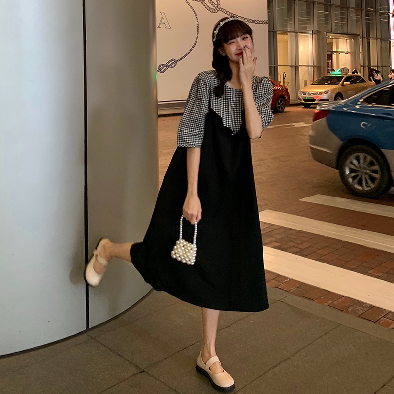 

Women Summer Fake Two Piece Plaid Patchwork Loose Long Ruffle Dress Casual Loose Waistline Midi Sundress, Black