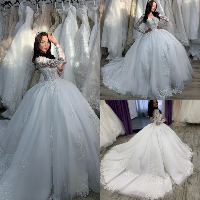 

Luxury Ball Gown Wedding Dresses Long Sleeve Jewel Neck Beads Appliques Tulle Bridal Gowns Sweep Train Vestidos De Novia, Black