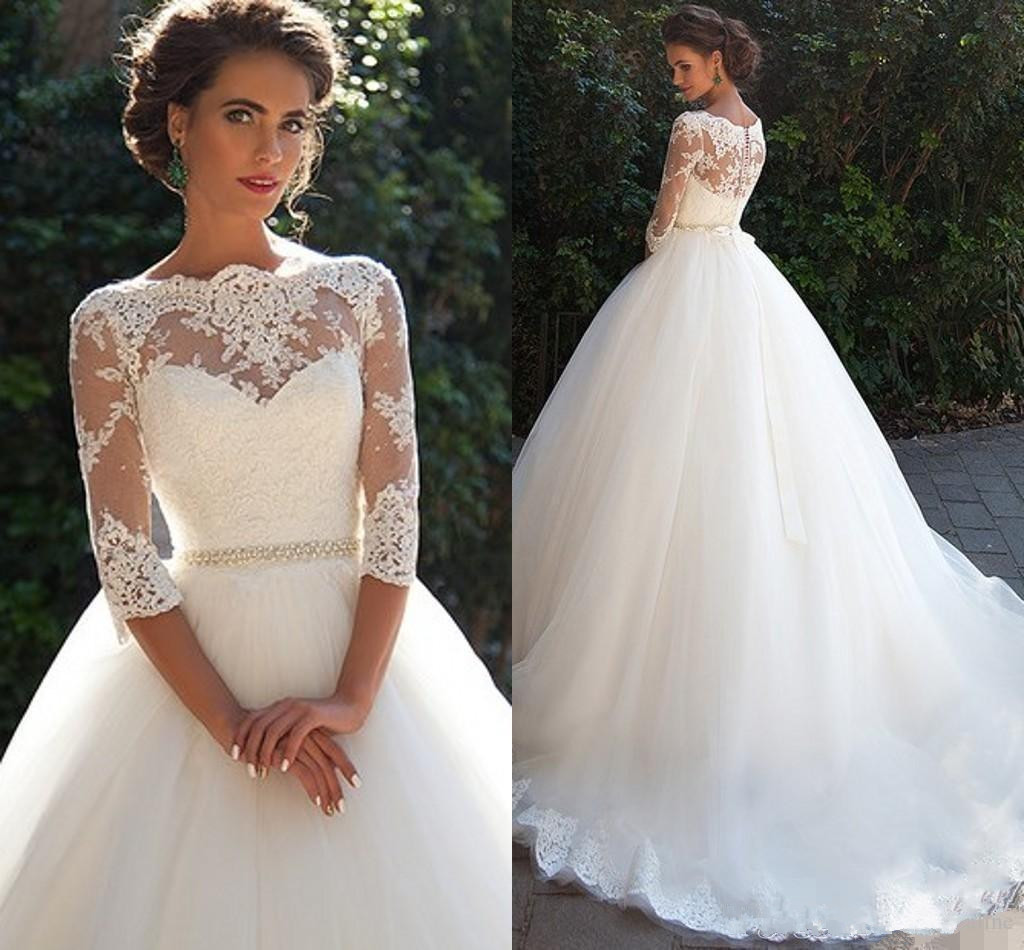 

Vintage Arabic Lace Half Sleeves A-line Wedding Dresses 2018 Bateau Pearls Tulle Princess Bridal Gowns with See Through Back, Ivory