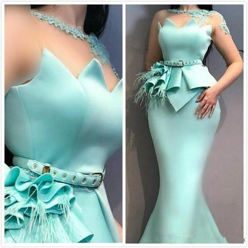 Elegant Satin Mermaid Prom Dresses Saudi Arabic Appliques Lace Beaded Evening Dress With Feathers Women Formal Party Gowns