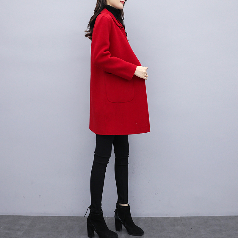 

Autumn Winter New Red Faux Woolen Coat Women Fashion Plus Size Long Wool Coat Elegant Slim Wool Jacket Overcoat Women 3XL D3273, Black