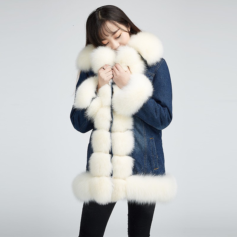 

Top Quality White Hair Denim Jacket Hot Thicken Womens Fur Coat Long Winter Warm Mink Hair Liner Real Fur Female Jacket 2020, Down jacket liner