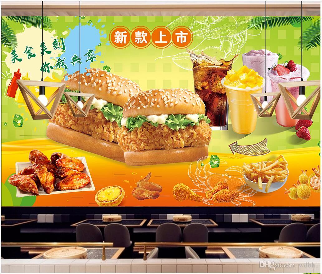 

3d room wallpaper cloth custom photo Hand-painted burger fast food restaurant western restaurant background wallpaper for walls 3 d, Picture shows
