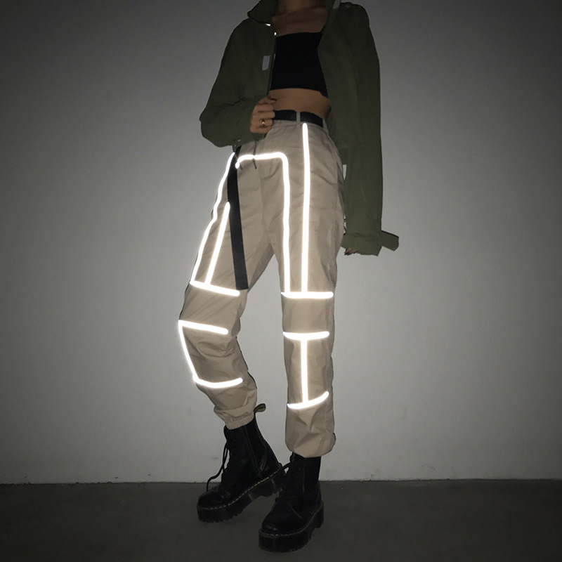 

2019 hot New Summer streetwear high waist women' bottoming loose reflective strips harem pants women' pants with belt, Black