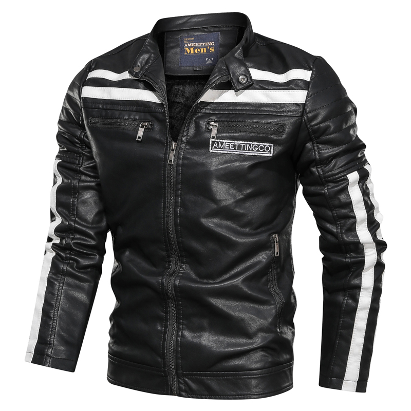 

2020 Men's Fleece PU Leather Jacket Autumn Winter Casual Patchwork Stand Collar Baseball Coats Motorcycle Leather Jacket Men 6XL, Red