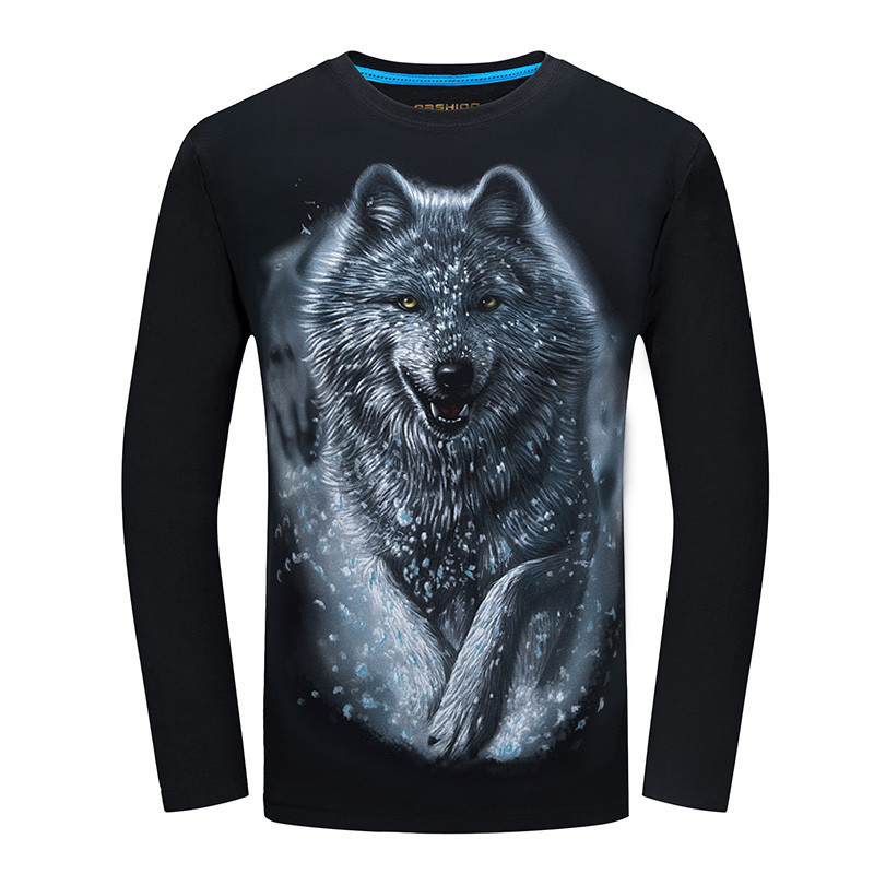 2018 moins cher mode hommes t-shirt à manches longues design cool 3d drôle t-shirt homme loup imprimé haut décontracté grande taille 6XL en gros