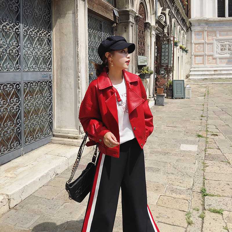

Autumn Faux Leather Jacket Women Loose Turndown Collar Single Breasted Motorcycle Leather Coats, Red