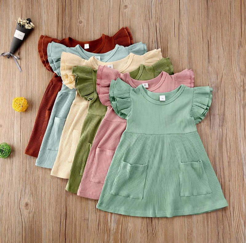 Bébé fille vêtements solide enfant en bas âge filles robes poche manches volantes enfants princesse robe boutique enfants tenue été bébé vêtement