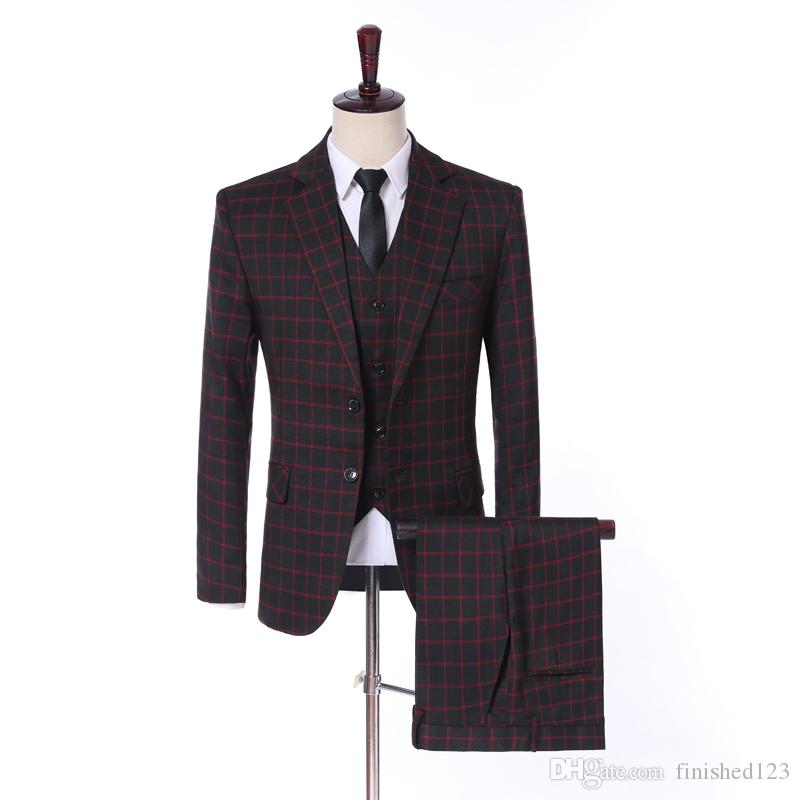 

New Arrival Glen Plaid Back Vent Two Buttons Wedding Groom Tuxedos Notch Lapel Groomsmen Men Suits Prom Blazer (Jacket+Pants+Vest+Tie) W34, Same as image