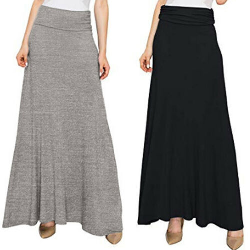 

Summer Women Casual Skirt Solid Pleated Elastic Waist Modal Pure Color Pure Plain Long Maxi Bodycon Ladies Skirts, Black