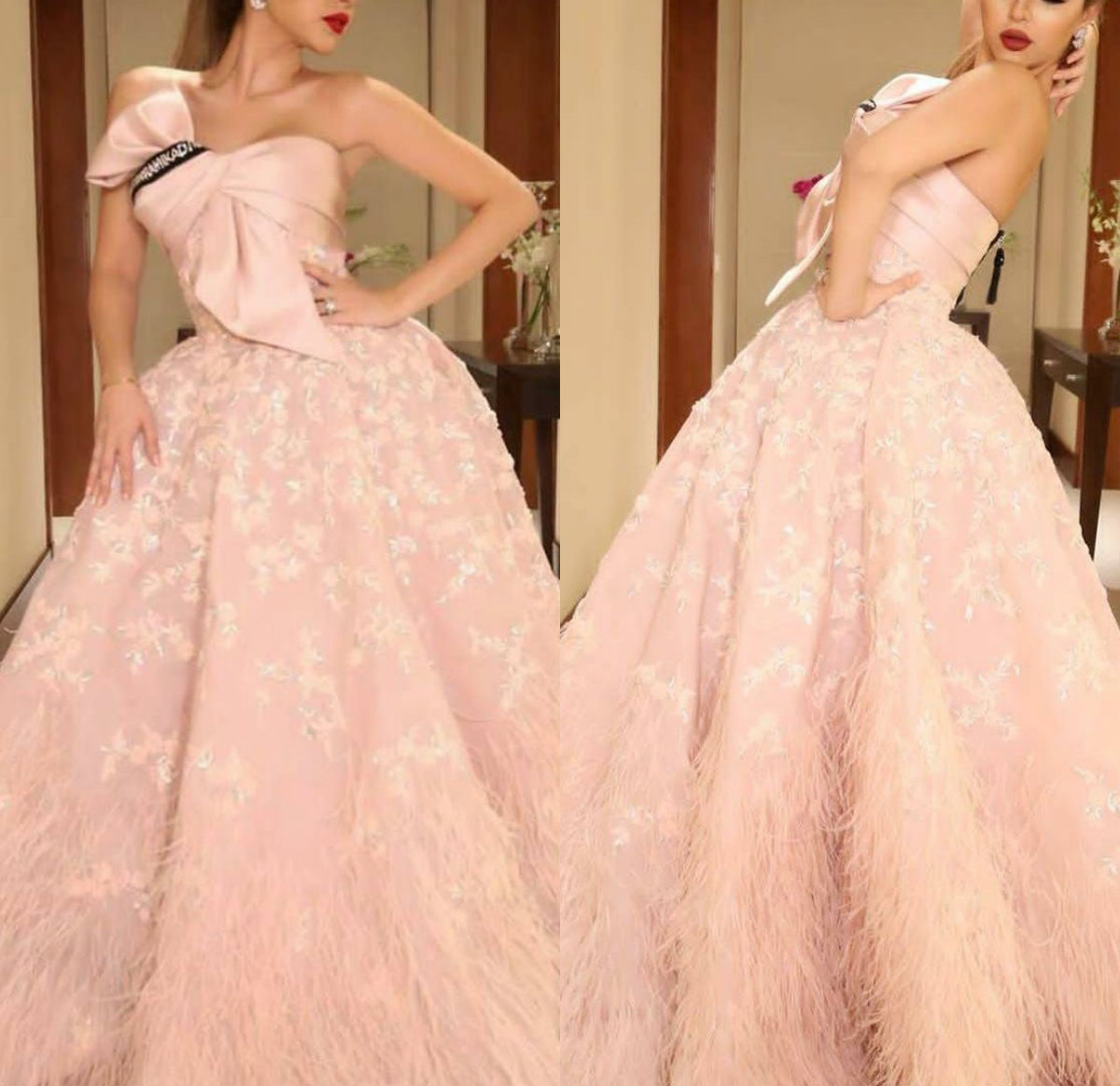 

Gorgeous Pink Evening Dresses Strapless Sweep Train A Line Appliques Feather Prom Dress Party Wear Custom Made Bow Robes De Mariée, Black