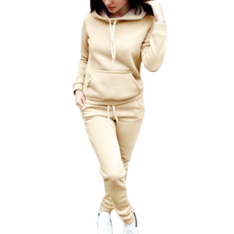 

Women Hooded Two Piece Set Sweater Casual Drawstring Front Pocket Tracksuit Pullover Top+Pant Outfit 2020 Autumn Lace Up Suits, As pic