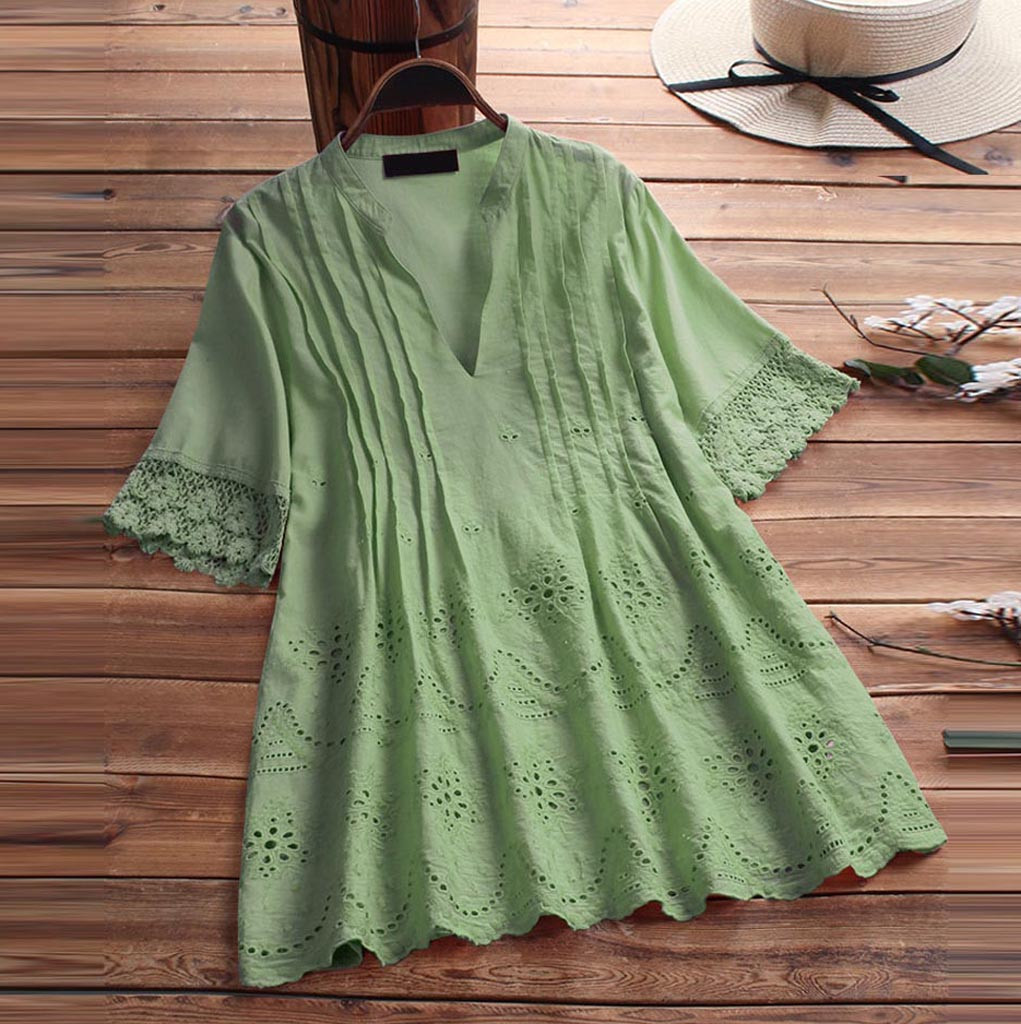 

Womens tops and blouses Vintage Lace Solid Color V Neck Short Sleeve Casual Top Blouse Plus Size feminino blusas de verano@35, Green