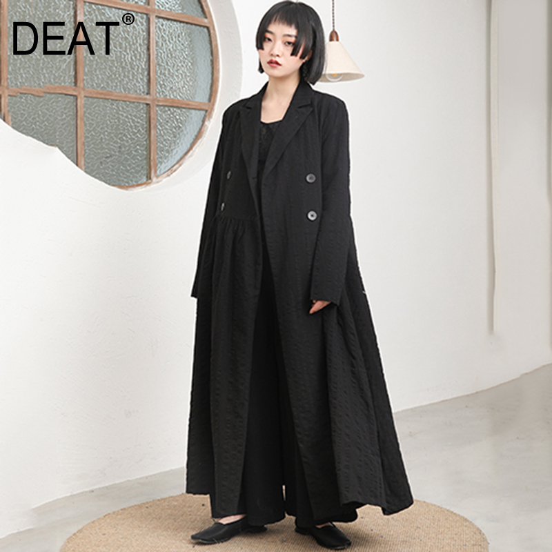 

DEAT] 2019 New Spring Summer Lapel Long Sleeve Double Breasted Striped Skirt Hem Jacket Women Long Coat Fashion Tide 1C08, Black