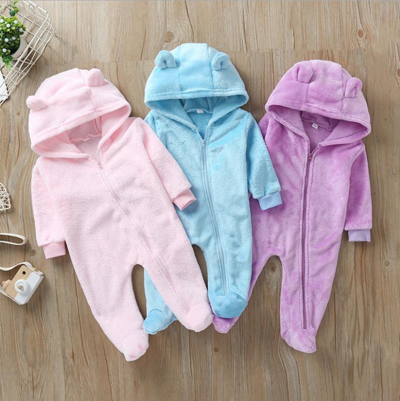 

Baby Girl Rompers Solid Flannel Infant Boy Jumpsuits Long Sleeve Newborn Hooded Overalls Warm Baby Clothes 3 Colors DW4985, Send randomly
