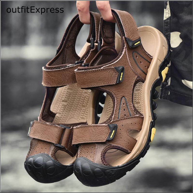 

Thick Bottom Sandals Men Leather Classic Hook And Loop Sandals Slipper Outdoor Sneaker Beach Flops Men Water Trekking, Light brown