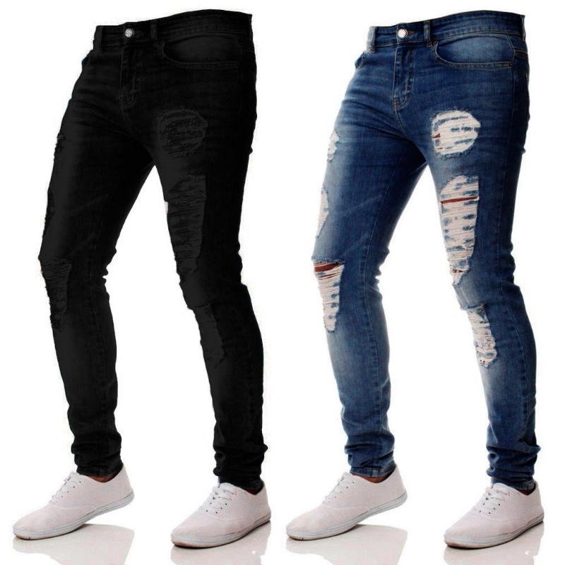 

Summer Long Pencil Pants Ripped Jeans Men Slim Biker Zipper Denim Jeans Skinny Frayed Pants Distressed Rip Trousers, Light blue