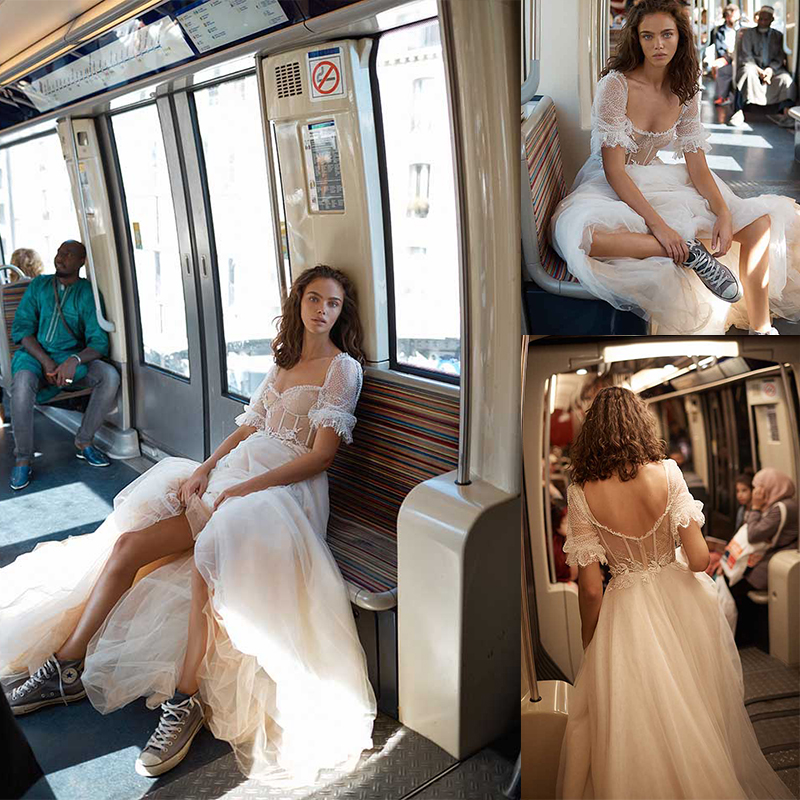 

Simple Bohemian Lia Martinez A Line Wedding Dresses Square Short Sleeve Applique Wedding Gowns Floor Length robe de mariée, Hunter