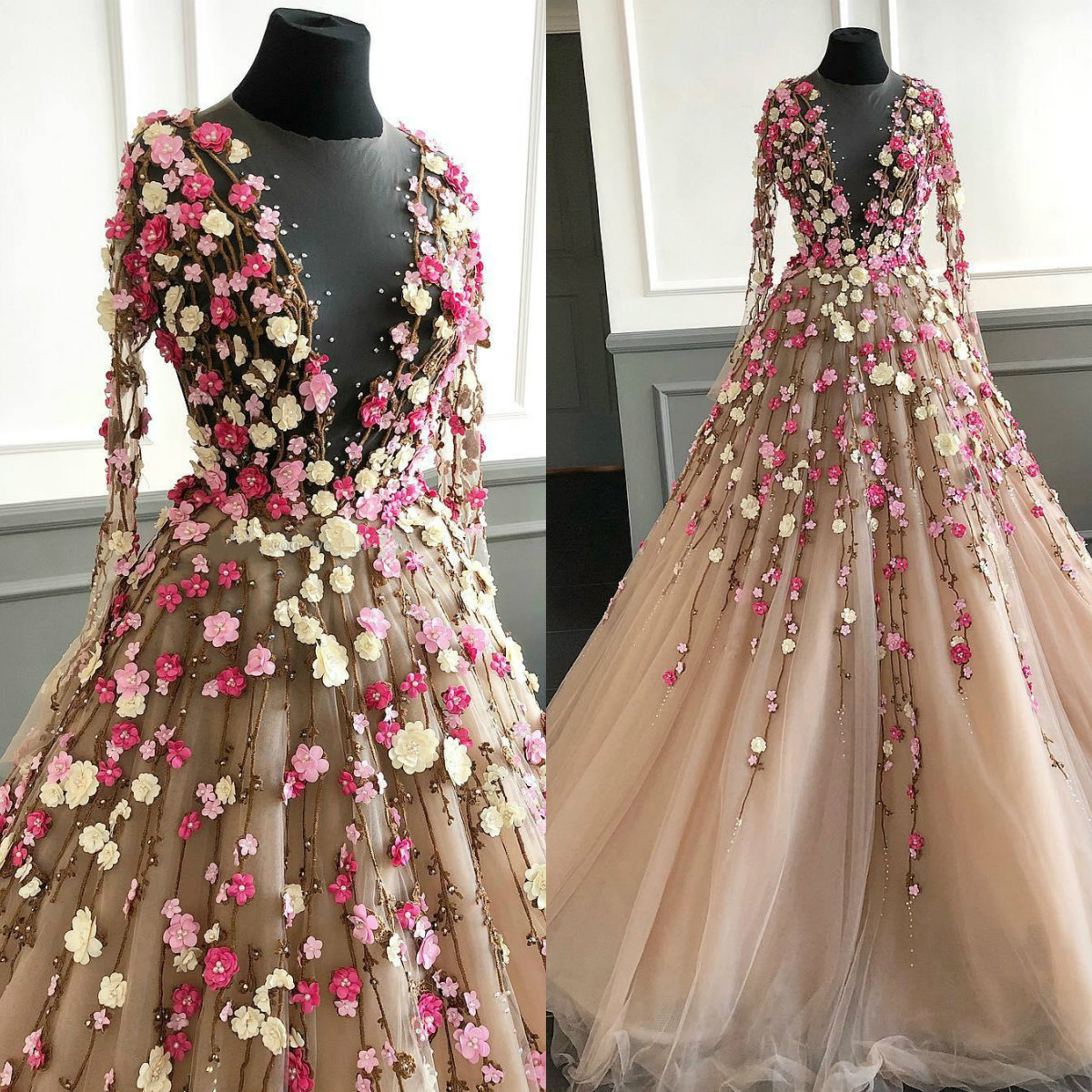 

2020 Elegant Lace 3D Floral Flowers Prom Dresses Jewel Neck Long Sleeve Evening Gowns Plus Size Floor Length Rhinestone Formal Dress, Pink
